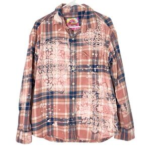 Handmade Pink Plaid Flannel Shirt Mens Size Medium Unisex Floral Upcycled Cotton